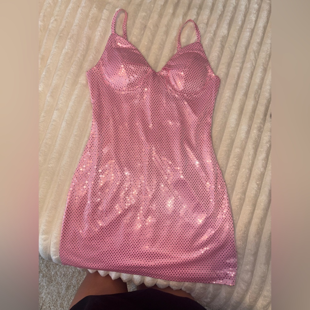 Pink Rhinestone Spaghetti Mini Dress - Picture 2 of 5